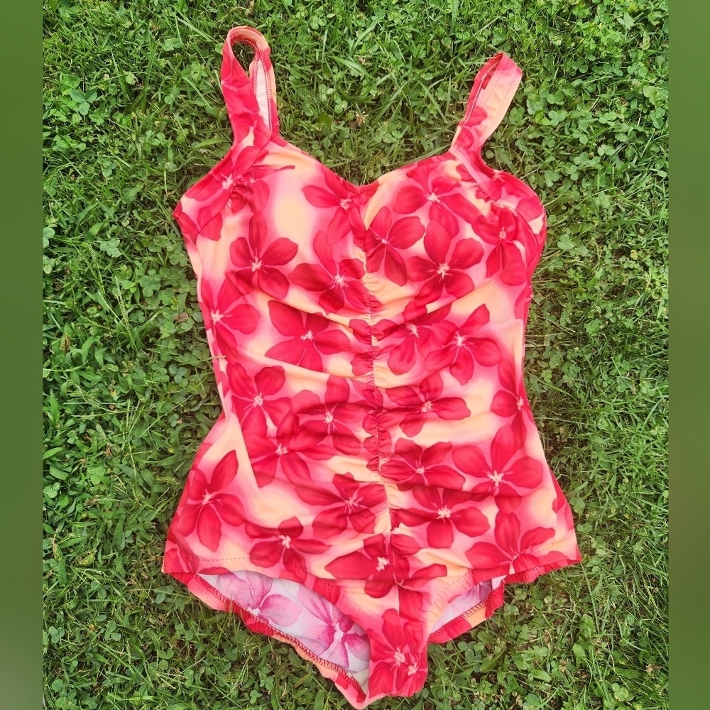 Le Cove One Piece Swimsuit 18 Full Coverage Women Red Orange Floral Bathing Suit - Picture 4 of 10